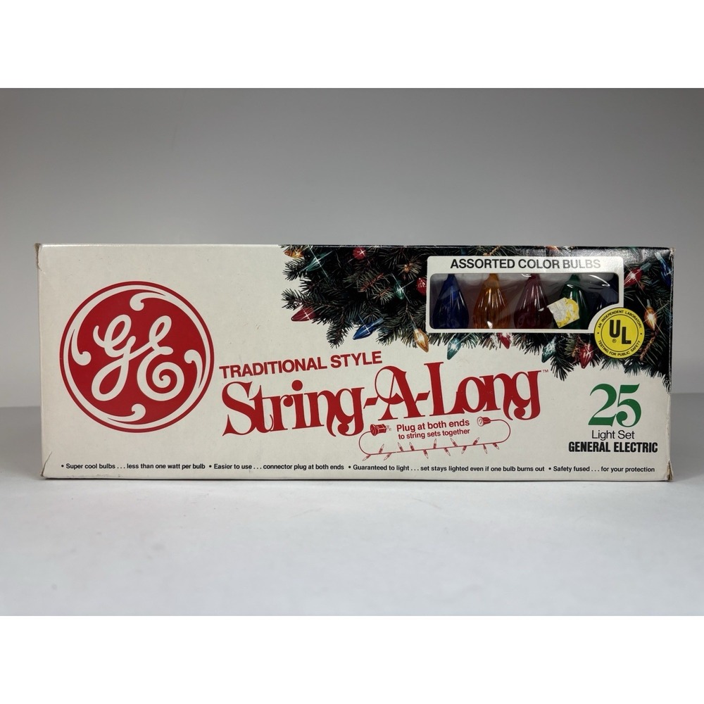 Vtg GE "String-A-Long" 25Christmas Lights Traditional Style Assorted Color Bulbs